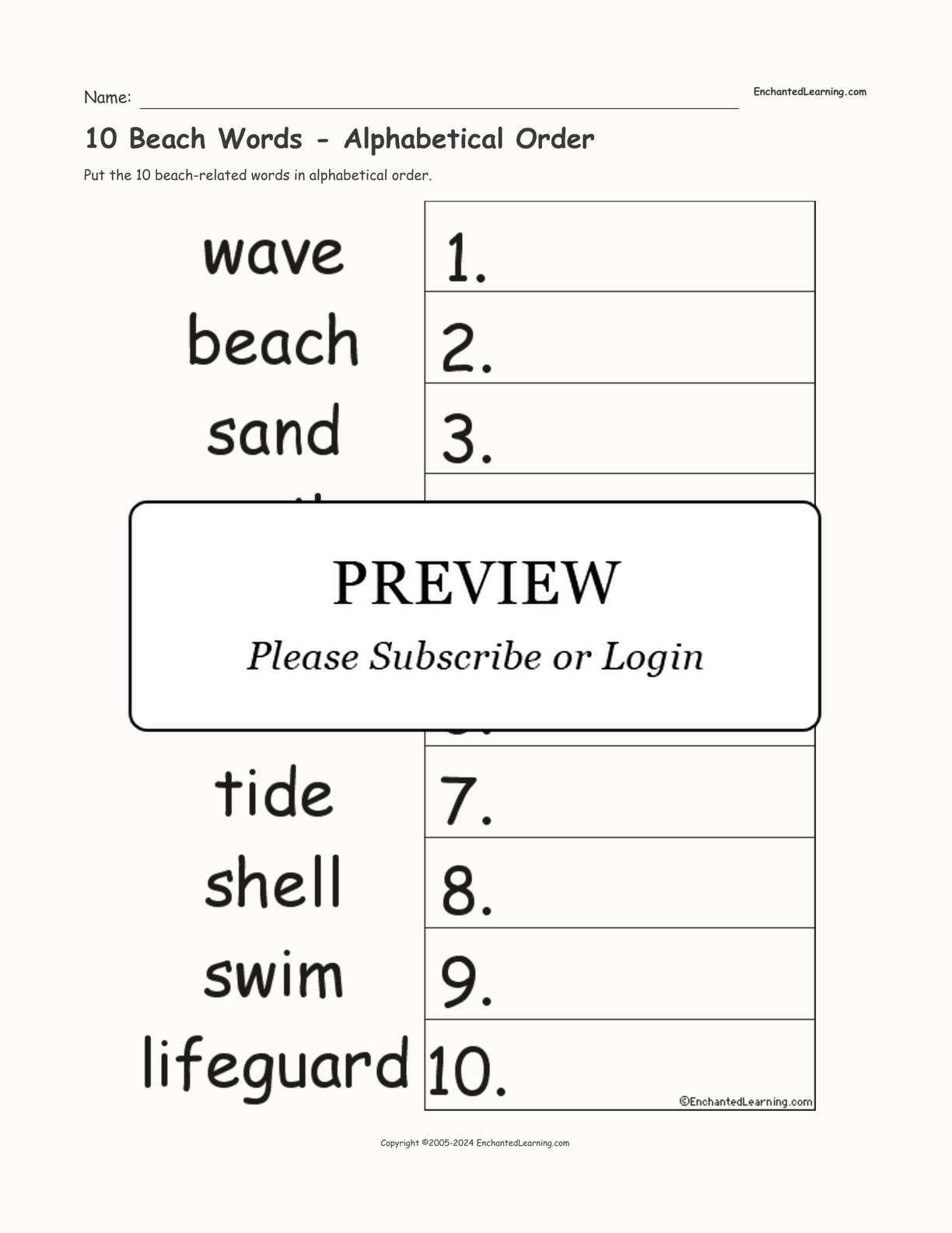 10 Beach Words - Alphabetical Order interactive worksheet page 1