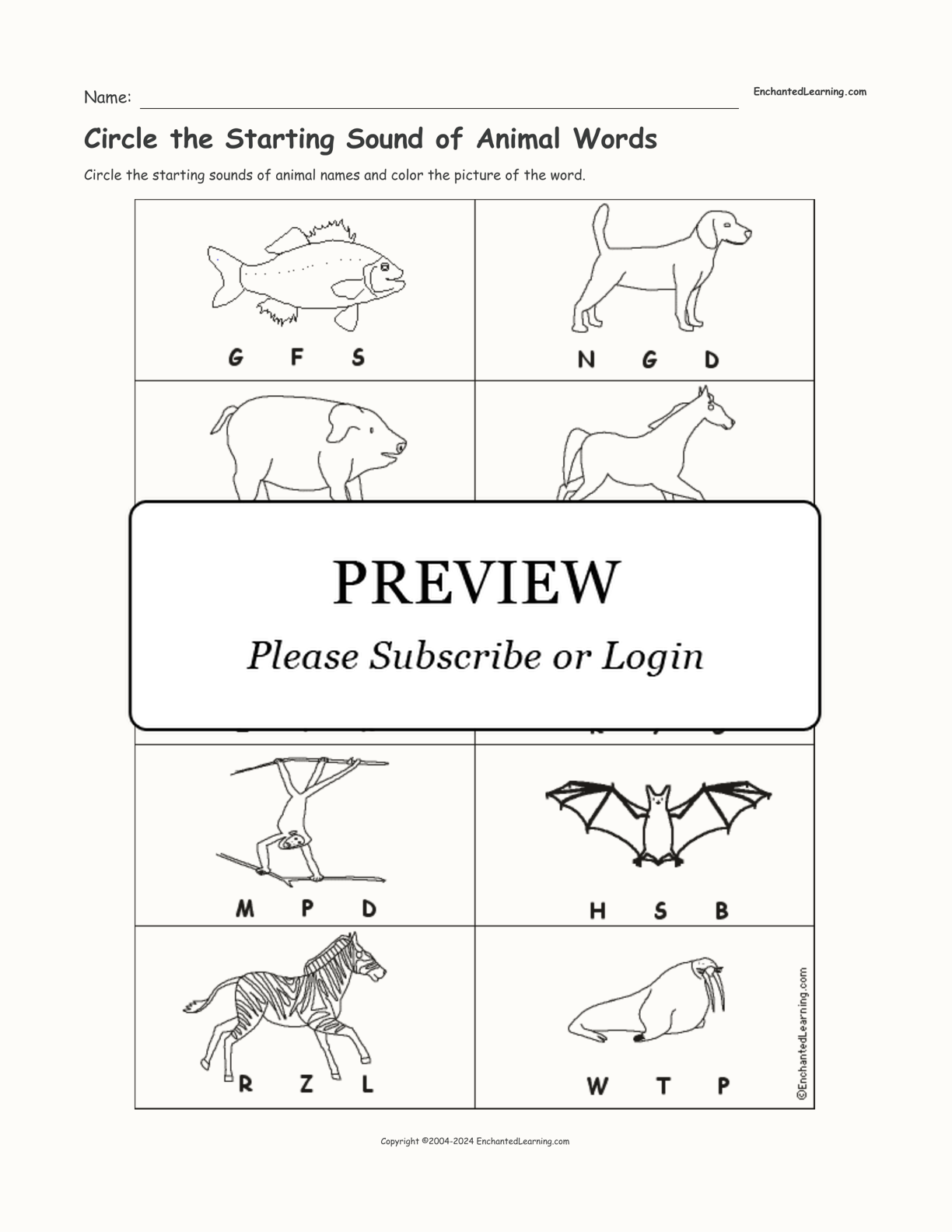 Circle the Starting Sound of Animal Words interactive worksheet page 1