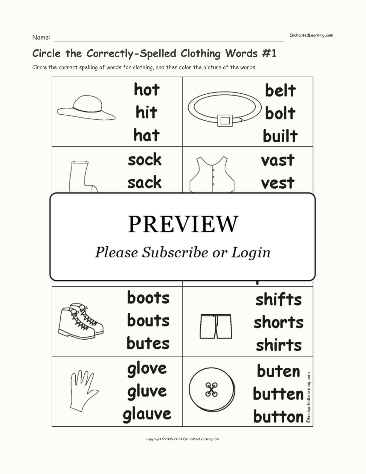 Circle the Correctly-Spelled Clothing Words #1 interactive worksheet page 1