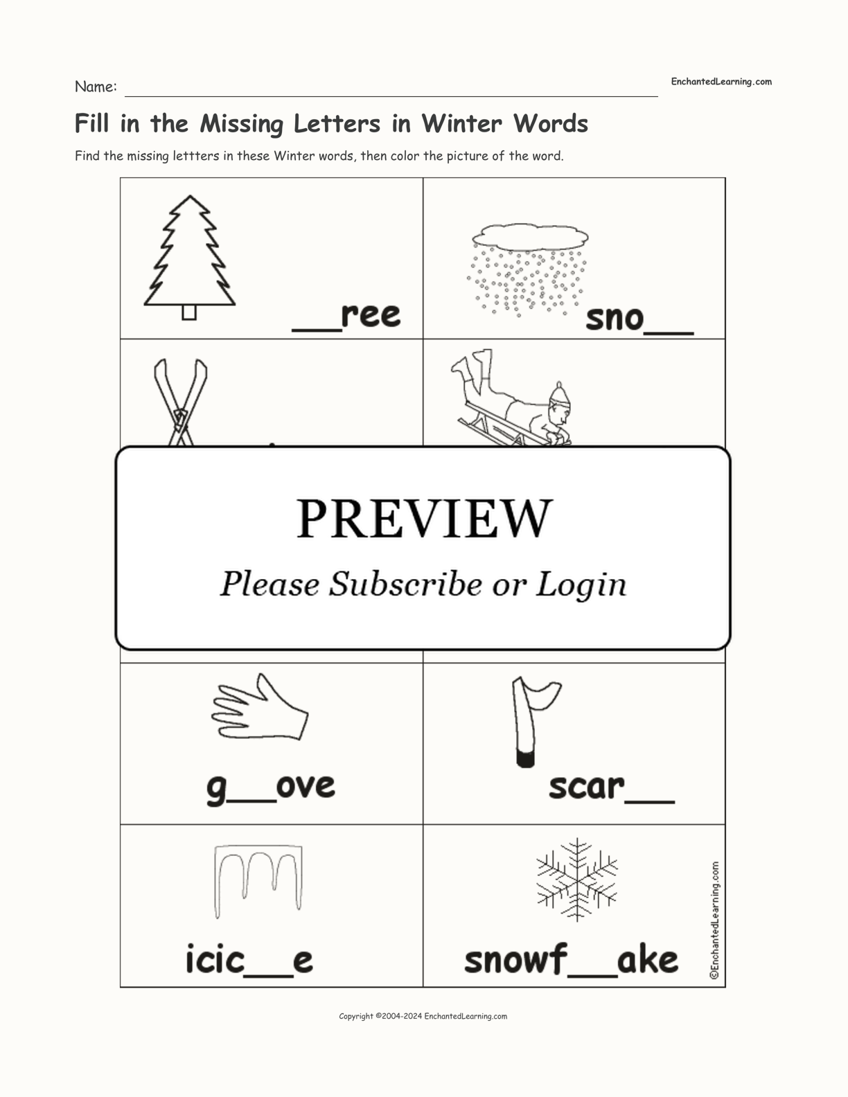 Fill in the Missing Letters in Winter Words interactive worksheet page 1