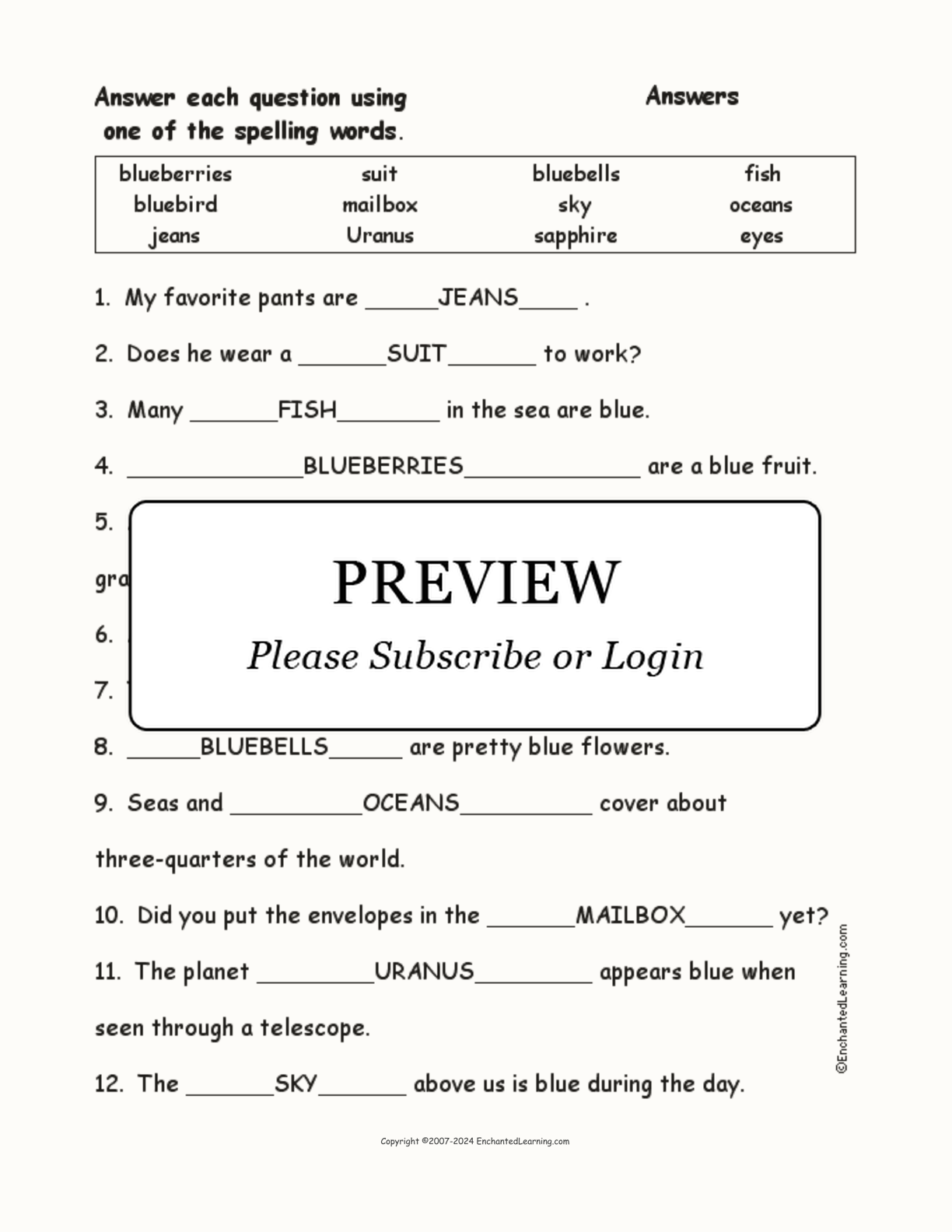 Blue Things: Spelling Word Questions interactive worksheet page 2