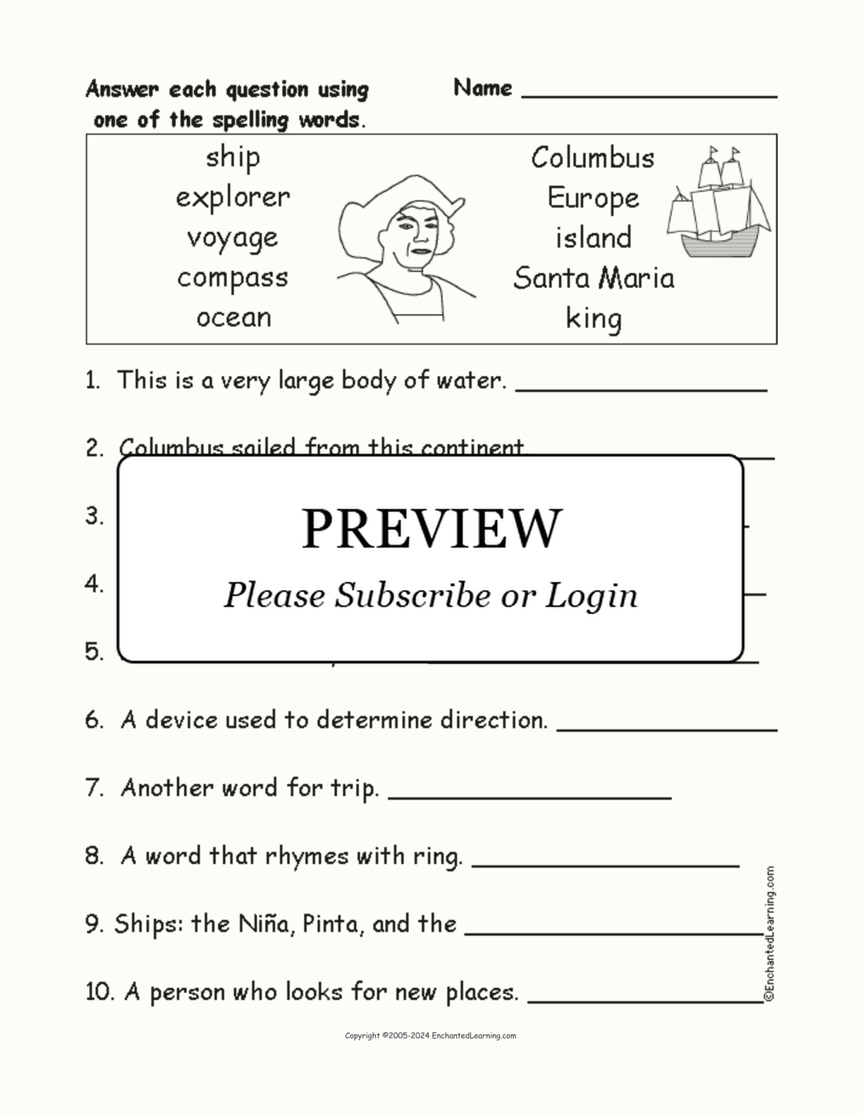 Columbus Day Spelling Word Questions interactive worksheet page 1