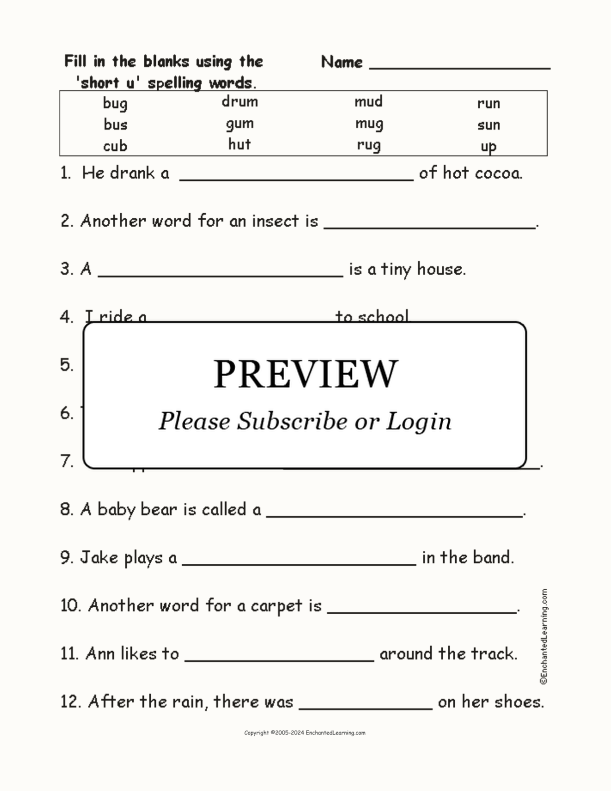 Short U: Spelling Word Questions interactive worksheet page 1