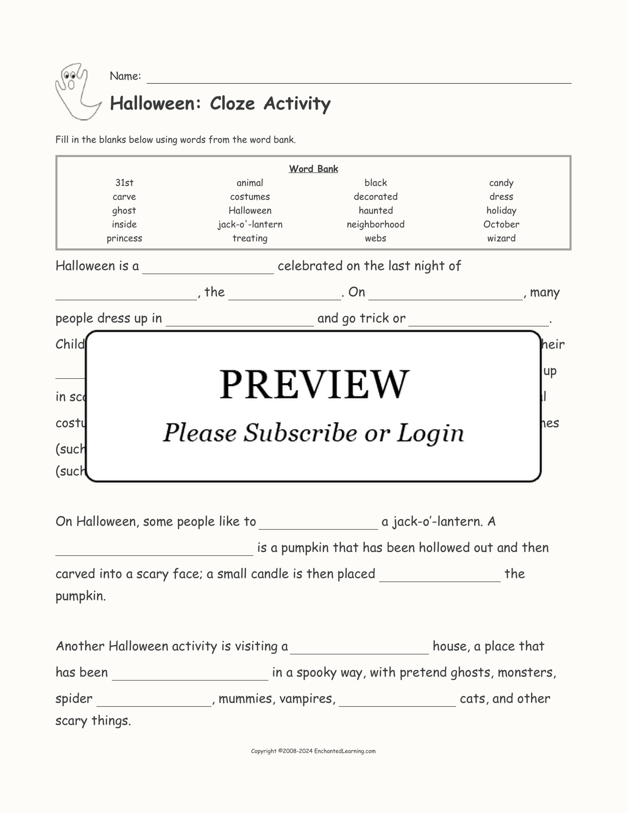 Halloween: Cloze Activity interactive worksheet page 1