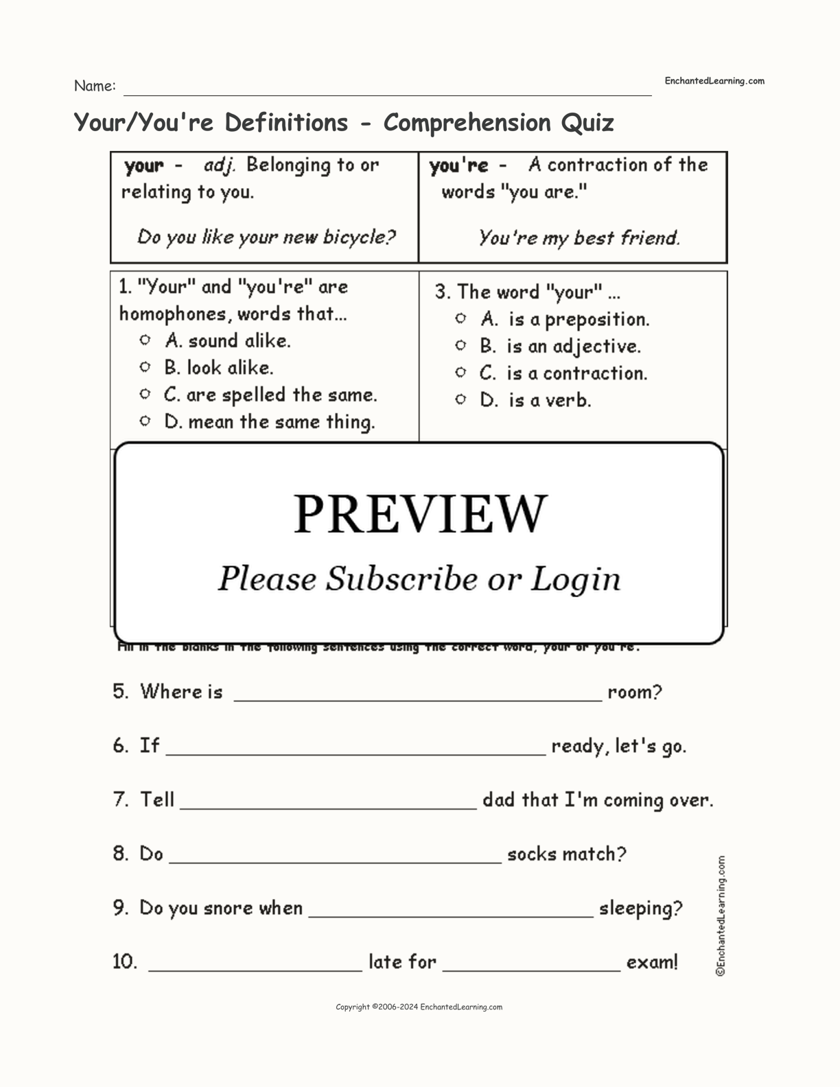 Your/You're Definitions - Comprehension Quiz interactive worksheet page 1
