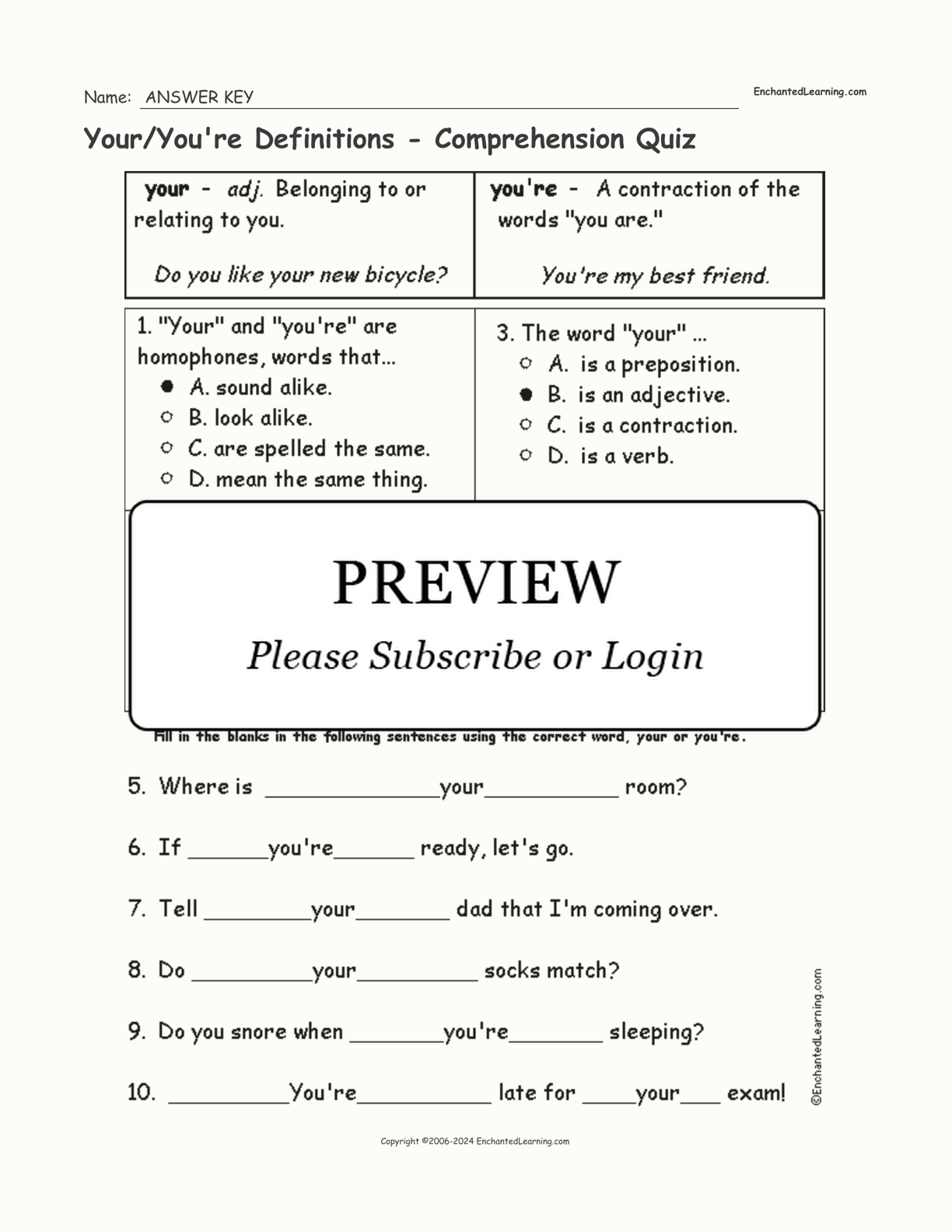 Your/You're Definitions - Comprehension Quiz interactive worksheet page 2