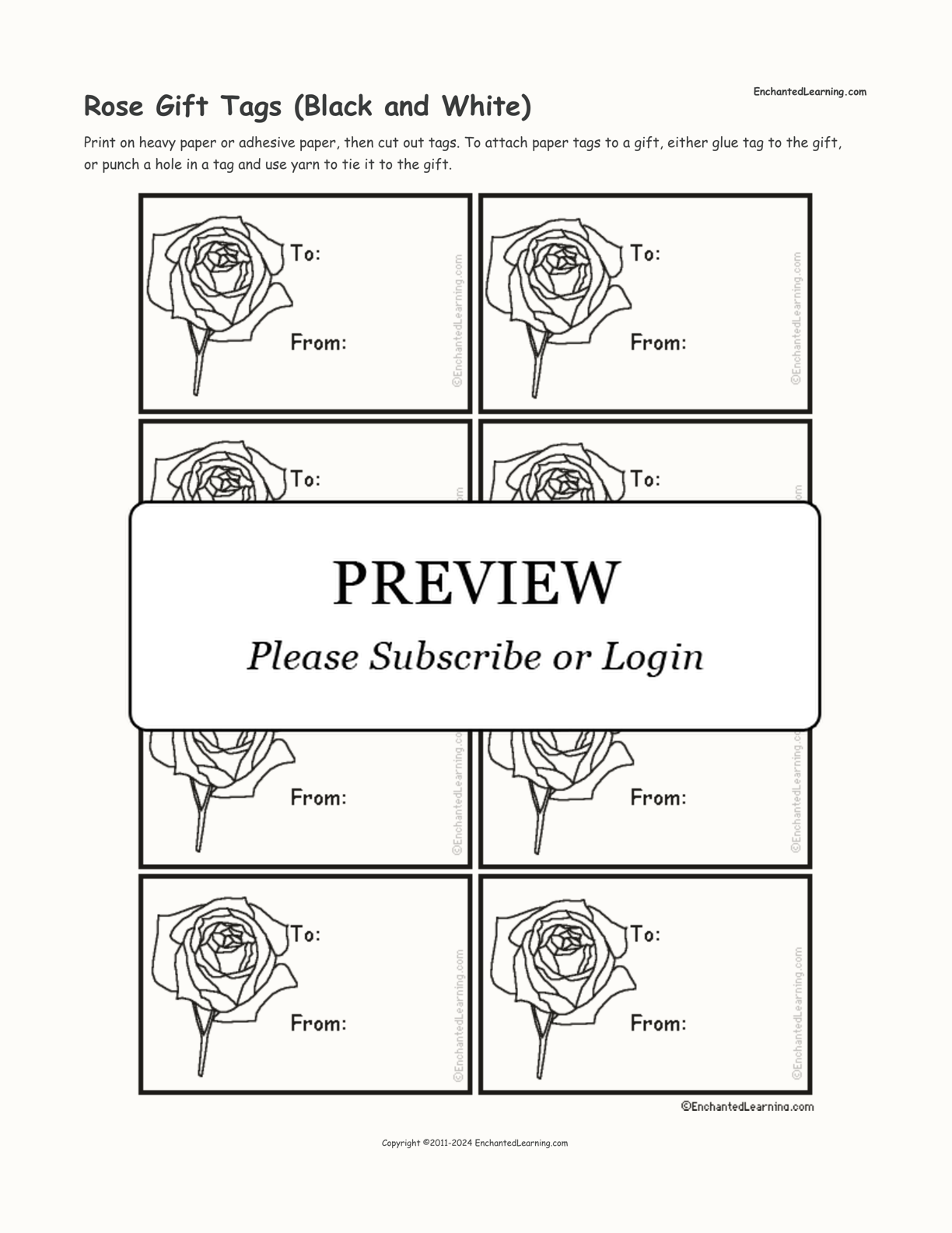 Rose Gift Tags (Black and White) interactive printout page 1