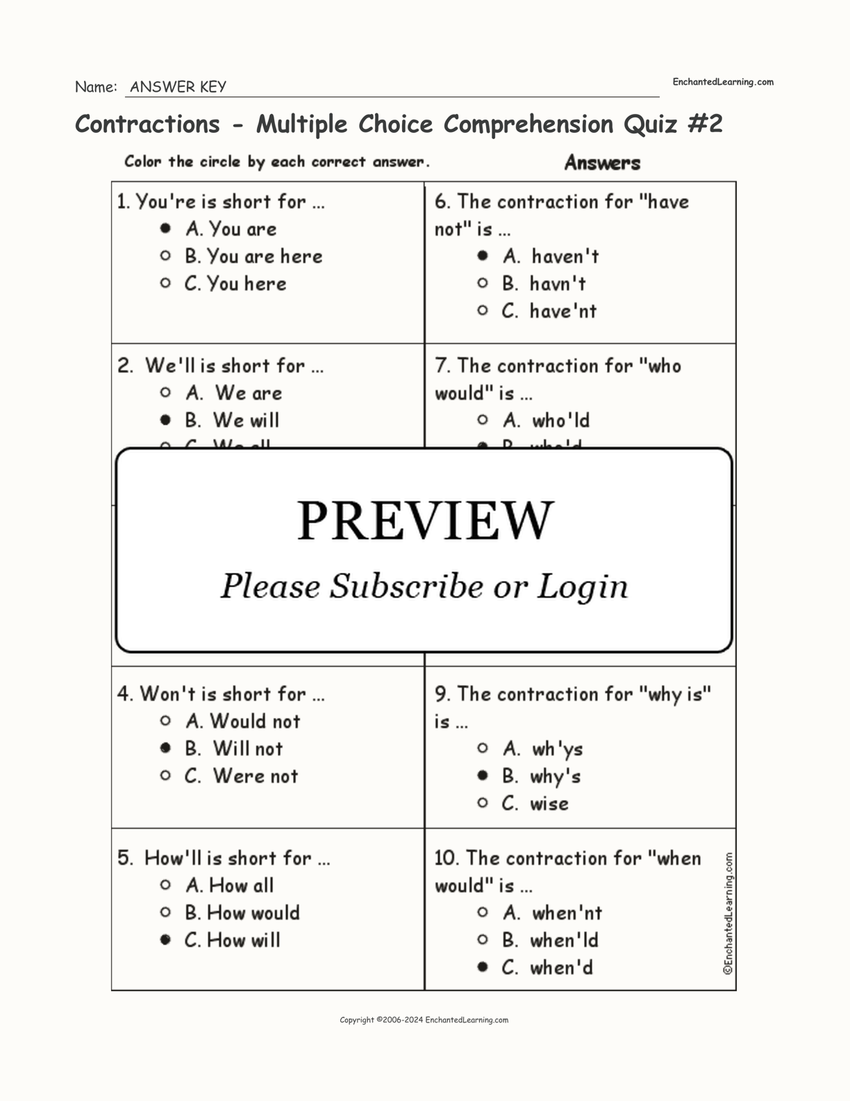 Contractions - Multiple Choice Comprehension Quiz #2 interactive worksheet page 2