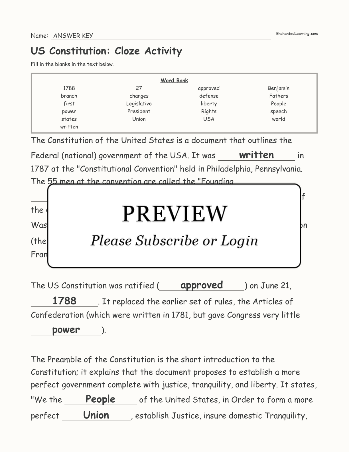 US Constitution: Cloze Activity interactive worksheet page 3