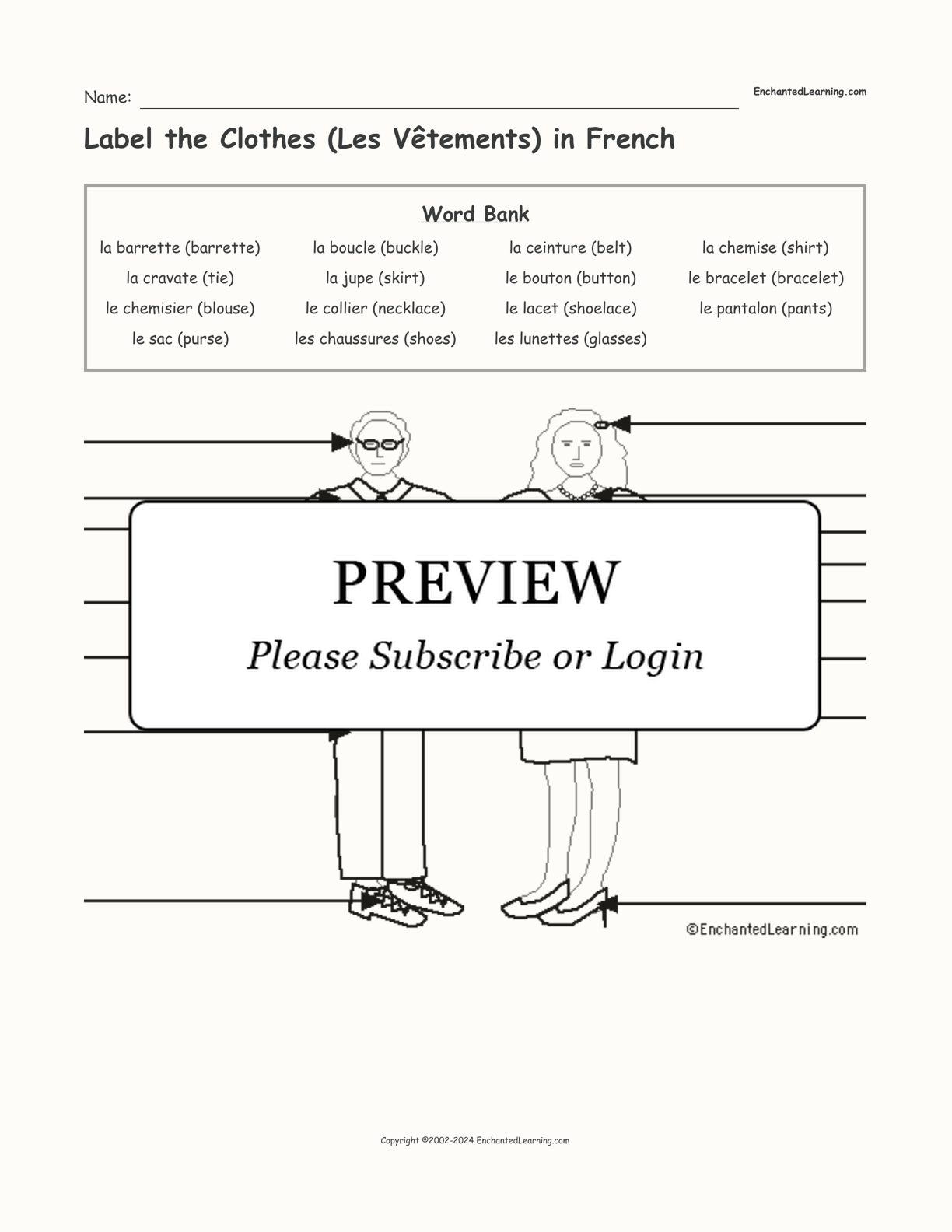 Label the Clothes (Les Vêtements) in French interactive worksheet page 1