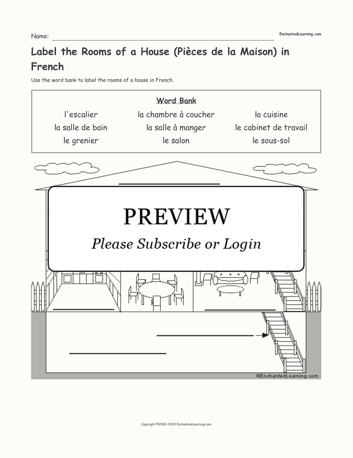 Label the Rooms of a House (Pièces de la Maison) in French interactive worksheet page 1