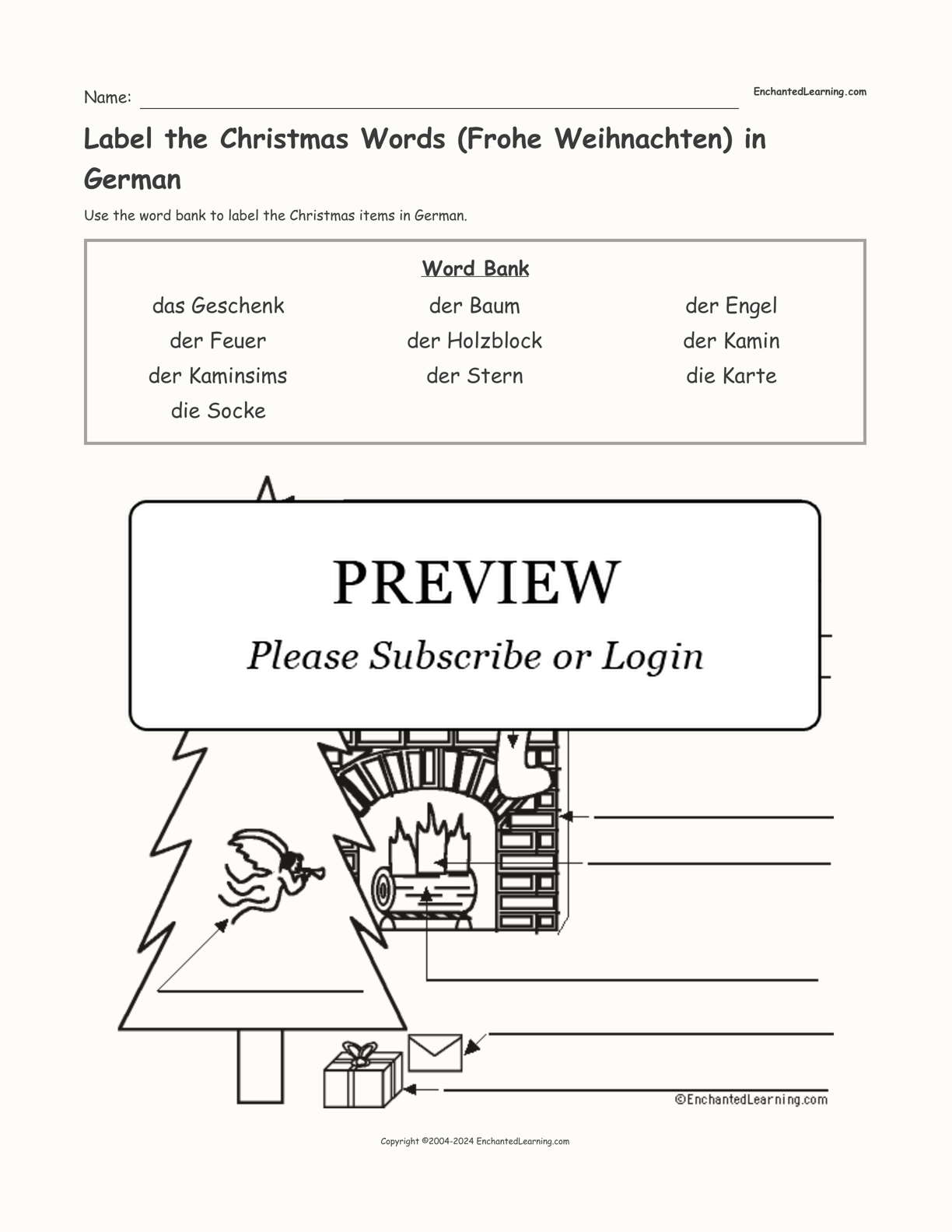 Label the Christmas Words (Frohe Weihnachten) in German interactive worksheet page 1