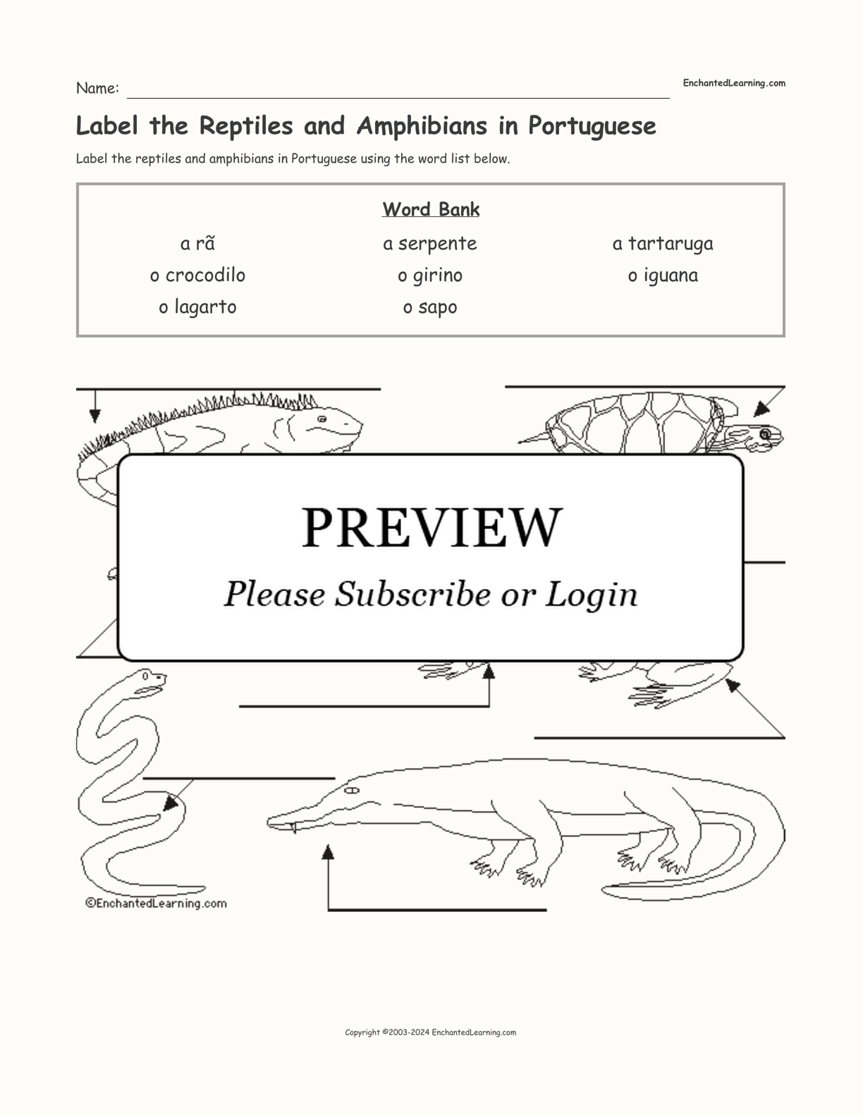 Label the Reptiles and Amphibians in Portuguese interactive worksheet page 1