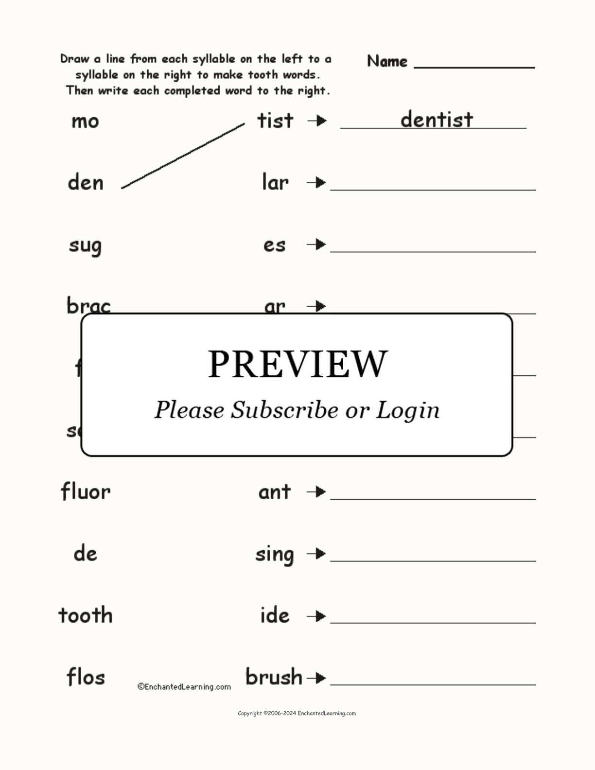 Match the Syllables: Tooth Words interactive worksheet page 1