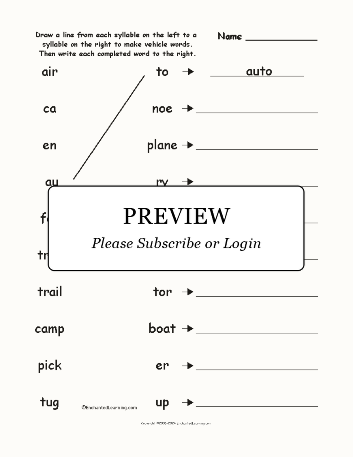 Match the Syllables: Vehicle Words interactive worksheet page 1