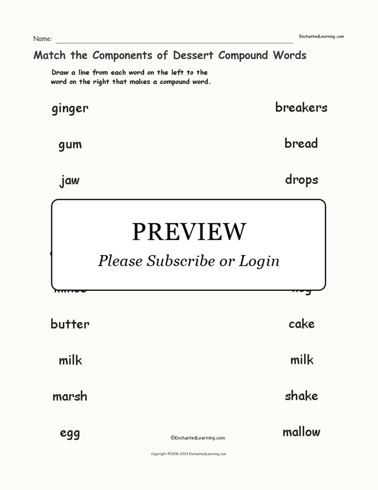 Match the Components of Dessert Compound Words interactive worksheet page 1