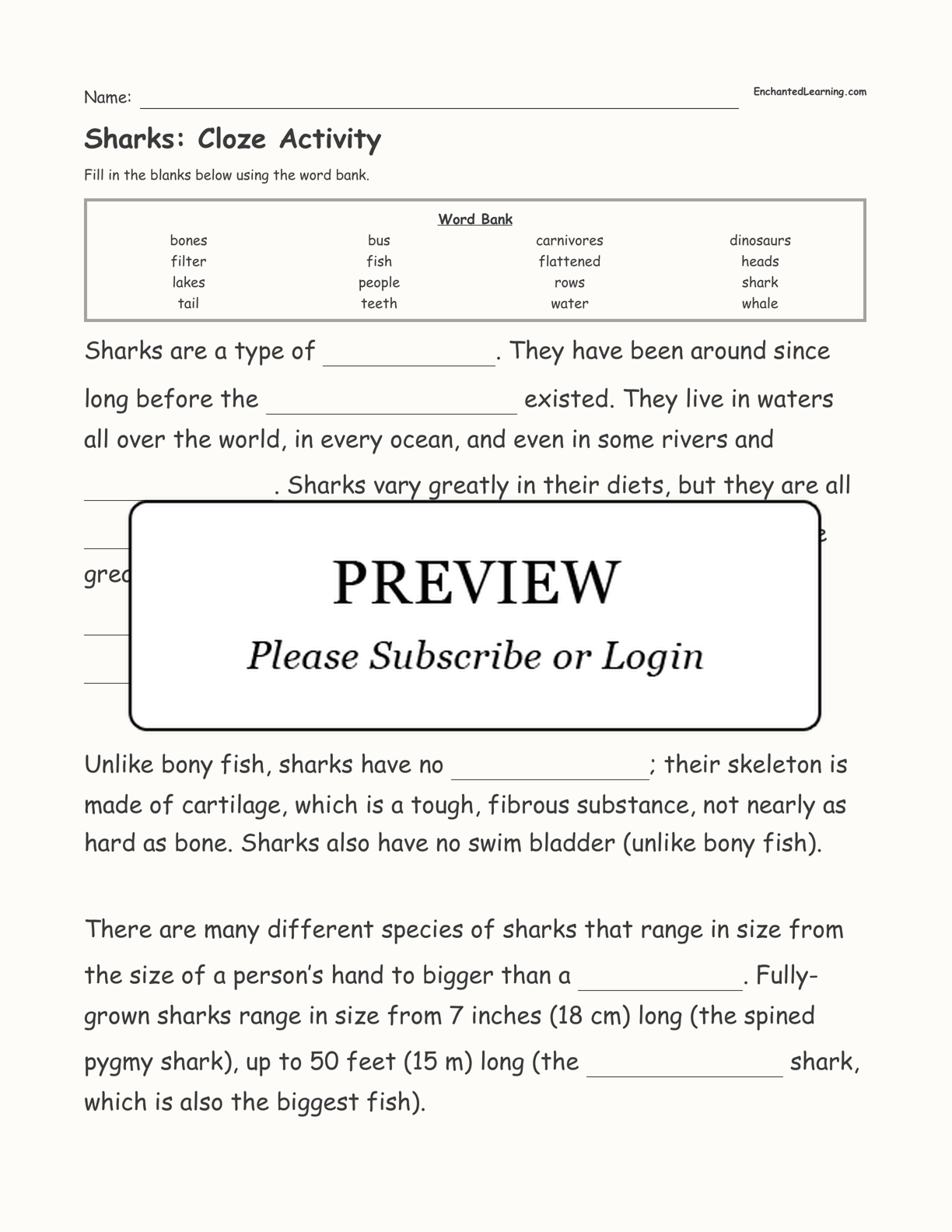 Sharks: Cloze Activity interactive worksheet page 1