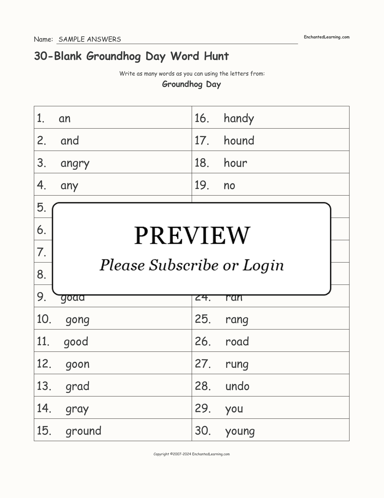 30-Blank Groundhog Day Word Hunt interactive worksheet page 2