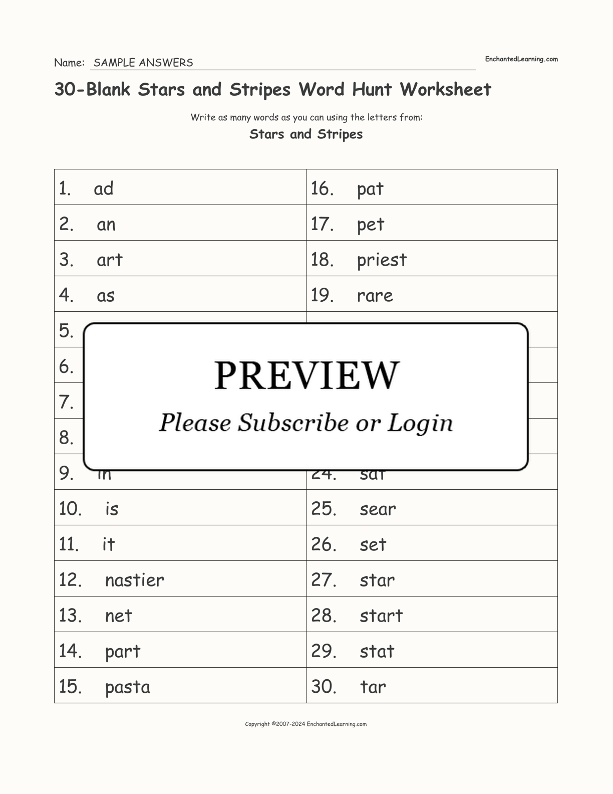 30-Blank Stars and Stripes Word Hunt Worksheet interactive worksheet page 2