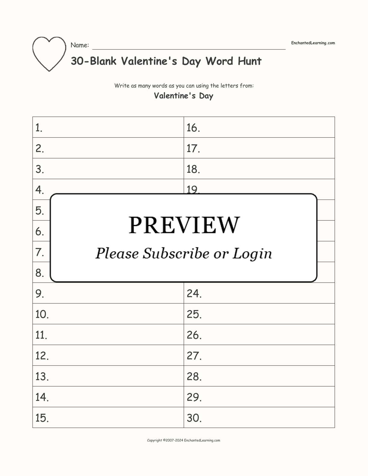 30-Blank Valentine's Day Word Hunt interactive worksheet page 1