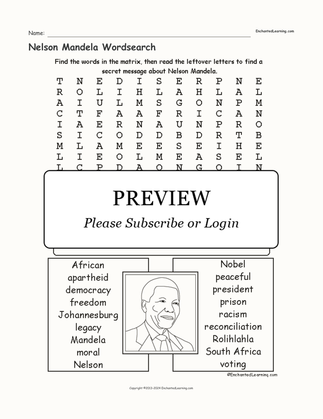 Nelson Mandela Wordsearch interactive worksheet page 1